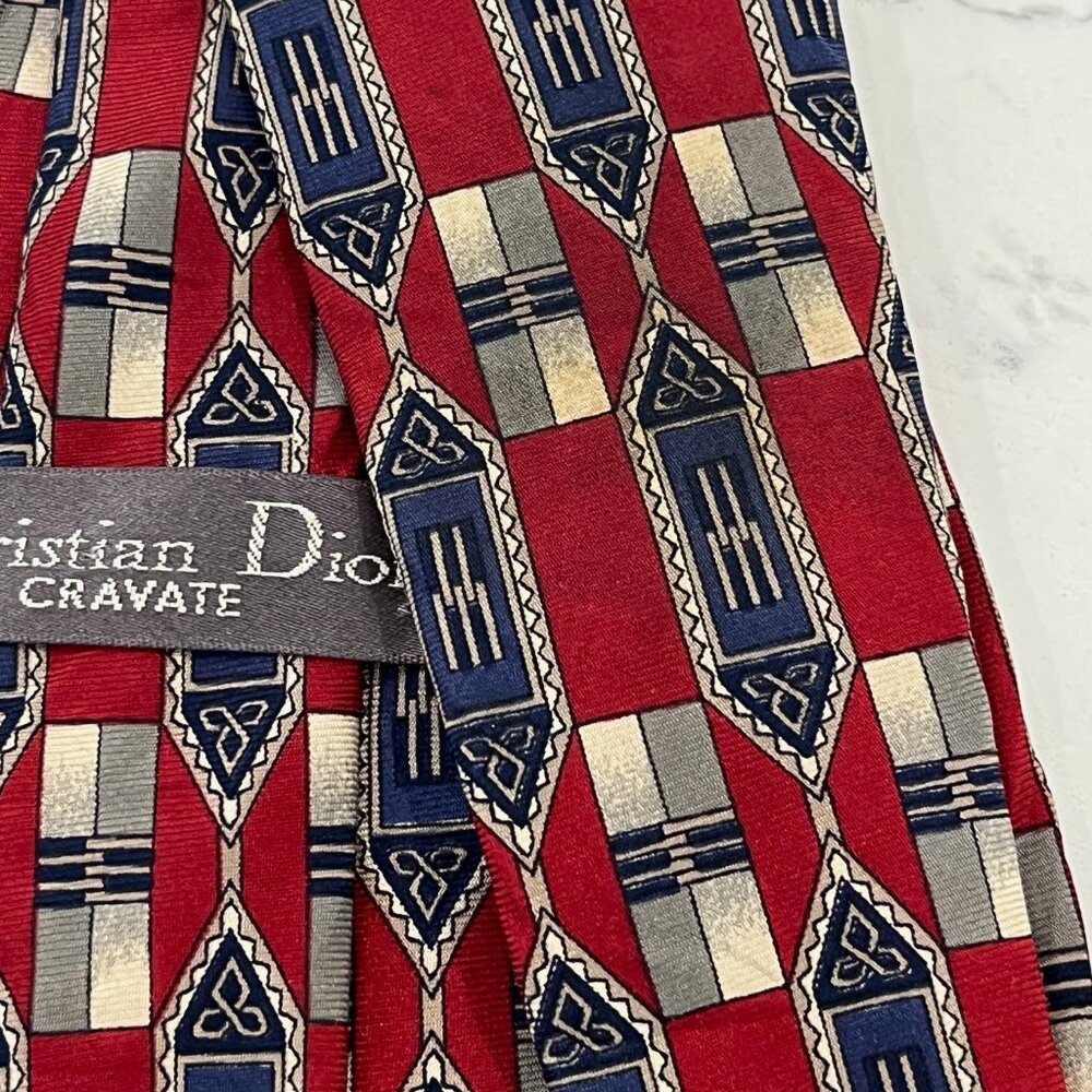 Vintage Christian Dior Silk Tie Red Blue Geometric Midcentury Luxury Classic
